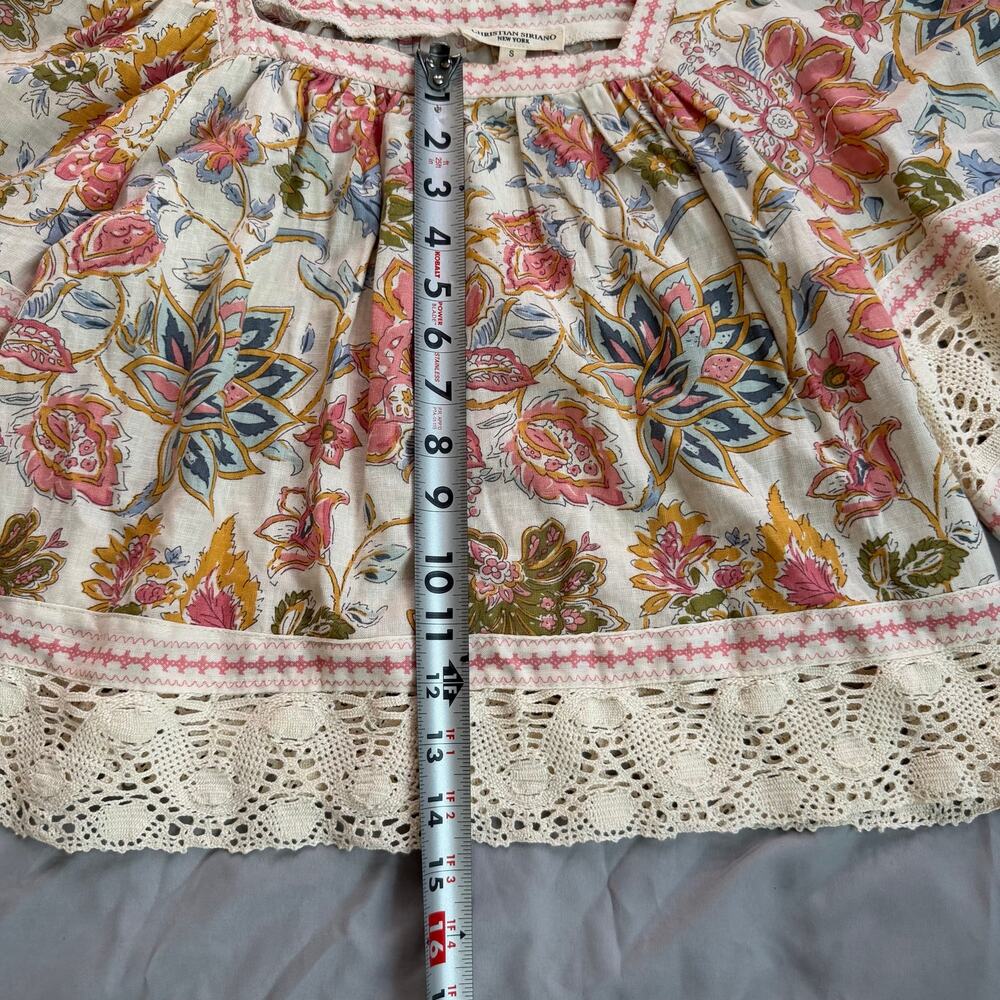 Christian Siriano Floral Peasant Blouse Crochet Lace Trim Linen Blend Small - Picture 9 of 10